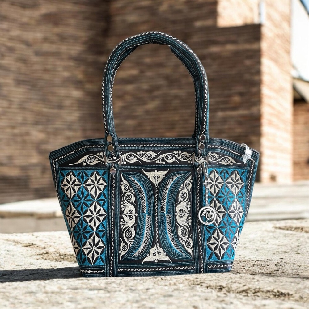 NWT Banda Bags Memetika Embroidered Tote Bag Blue Vegan Cotton Handcrafted Zip